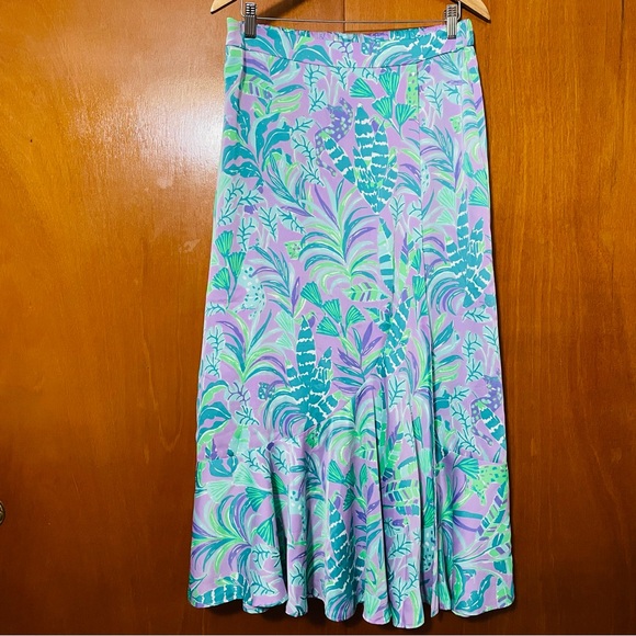 Lilly Pulitzer Britney Midi Skirt Purple Floral Faux Wrap Flowy Ruffled Hem - Picture 5 of 16